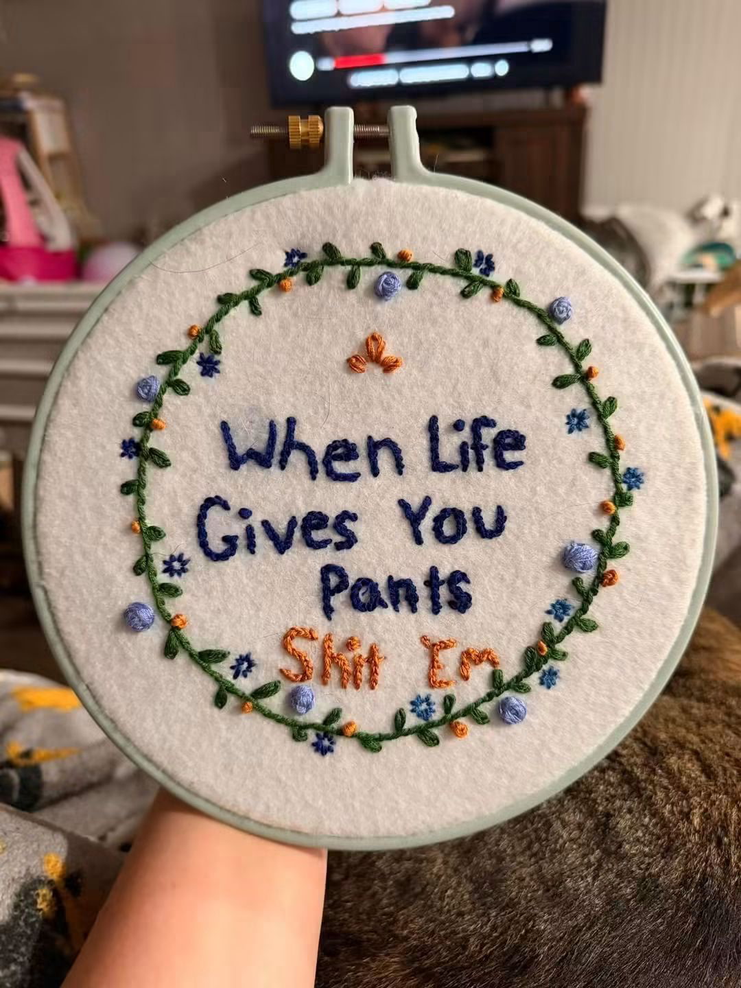 Embroidery hoop stitched with a flower wreath and the words “When Life Gives You Pants Shit Em”